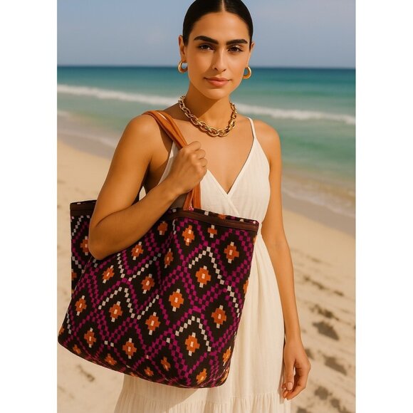 Tory Burch Cloth Tote Tribal Geometric Boho Tote Bag – Canvas Shoulder Purse - Picture 1 of 16
